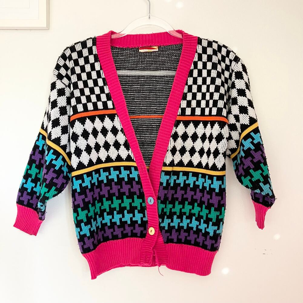 Vintage 1980s 1990s Kids LA Express Multicolor Knit Cardigan Sweater